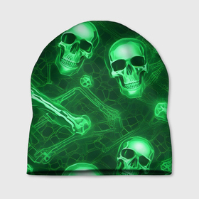 Шапка 3D с принтом Зелёные черепа и кости в Петрозаводске, 100% полиэстер | универсальный размер, печать по всей поверхности изделия | 