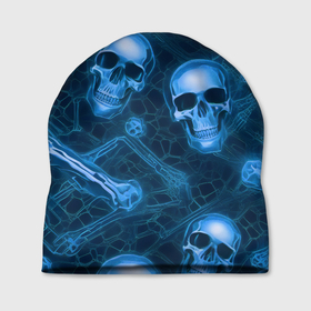 Шапка 3D с принтом Синие черепа и кости в Петрозаводске, 100% полиэстер | универсальный размер, печать по всей поверхности изделия | 