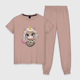 Женская пижама хлопок с принтом Малыш единорог в чашке в Тюмени, 100% хлопок | брюки и футболка прямого кроя, без карманов, на брюках мягкая резинка на поясе и по низу штанин | 