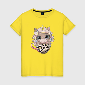 Женская футболка хлопок с принтом Малыш единорог в чашке в Тюмени, 100% хлопок | прямой крой, круглый вырез горловины, длина до линии бедер, слегка спущенное плечо | 
