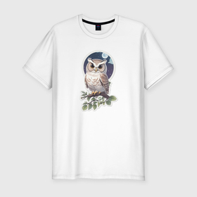 Мужская футболка хлопок Slim с принтом Мудрая лесная сова в Белгороде, 92% хлопок, 8% лайкра | приталенный силуэт, круглый вырез ворота, длина до линии бедра, короткий рукав | 