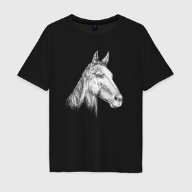 Мужская футболка хлопок Oversize с принтом Голова белой лошади в Санкт-Петербурге, 100% хлопок | свободный крой, круглый ворот, “спинка” длиннее передней части | 