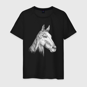 Мужская футболка хлопок с принтом Голова белой лошади в Санкт-Петербурге, 100% хлопок | прямой крой, круглый вырез горловины, длина до линии бедер, слегка спущенное плечо. | 
