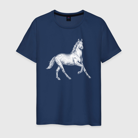Мужская футболка хлопок с принтом Белая лошадь на скаку в Санкт-Петербурге, 100% хлопок | прямой крой, круглый вырез горловины, длина до линии бедер, слегка спущенное плечо. | 