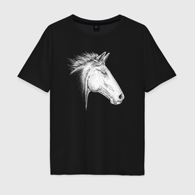 Мужская футболка хлопок Oversize с принтом Голова белой лошади в профиль в Санкт-Петербурге, 100% хлопок | свободный крой, круглый ворот, “спинка” длиннее передней части | 