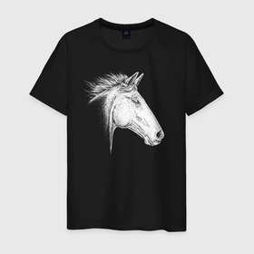 Мужская футболка хлопок с принтом Голова белой лошади в профиль в Екатеринбурге, 100% хлопок | прямой крой, круглый вырез горловины, длина до линии бедер, слегка спущенное плечо. | 