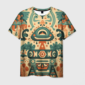 Мужская футболка 3D с принтом Абстрактный узор в мексиканском фолк арт стиле в Курске, 100% полиэфир | прямой крой, круглый вырез горловины, длина до линии бедер | 