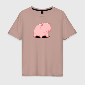 Мужская футболка хлопок Oversize с принтом Мультяшная свинка сидит в Новосибирске, 100% хлопок | свободный крой, круглый ворот, “спинка” длиннее передней части | 