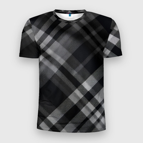 Мужская футболка 3D Slim с принтом Черно белая диагональная клетка в шотландском стиле в Екатеринбурге, 100% полиэстер с улучшенными характеристиками | приталенный силуэт, круглая горловина, широкие плечи, сужается к линии бедра | 