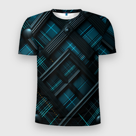 Мужская футболка 3D Slim с принтом Тёмно синяя диагональная клетка в шотландском стиле в Екатеринбурге, 100% полиэстер с улучшенными характеристиками | приталенный силуэт, круглая горловина, широкие плечи, сужается к линии бедра | 