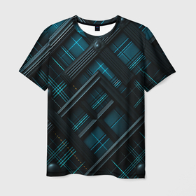 Мужская футболка 3D с принтом Тёмно синяя диагональная клетка в шотландском стиле в Санкт-Петербурге, 100% полиэфир | прямой крой, круглый вырез горловины, длина до линии бедер | 