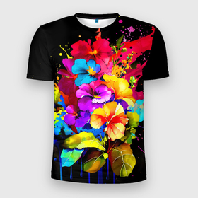 Мужская футболка 3D Slim с принтом Яркая цветочная живопись в Санкт-Петербурге, 100% полиэстер с улучшенными характеристиками | приталенный силуэт, круглая горловина, широкие плечи, сужается к линии бедра | 