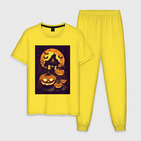 Мужская пижама хлопок с принтом Хэллоуин   Джек фонарь в Санкт-Петербурге, 100% хлопок | брюки и футболка прямого кроя, без карманов, на брюках мягкая резинка на поясе и по низу штанин
 | 