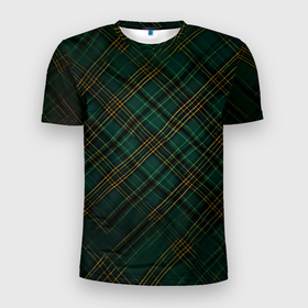 Мужская футболка 3D Slim с принтом Тёмно зелёная диагональная клетка в шотландском стиле в Екатеринбурге, 100% полиэстер с улучшенными характеристиками | приталенный силуэт, круглая горловина, широкие плечи, сужается к линии бедра | 