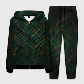 Мужской костюм 3D с принтом Тёмно зелёная диагональная клетка в шотландском стиле в Белгороде, 100% полиэстер | Манжеты и пояс оформлены тканевой резинкой, двухслойный капюшон со шнурком для регулировки, карманы спереди | 
