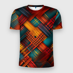 Мужская футболка 3D Slim с принтом Разноцветная клетка в шотландском стиле в Екатеринбурге, 100% полиэстер с улучшенными характеристиками | приталенный силуэт, круглая горловина, широкие плечи, сужается к линии бедра | Тематика изображения на принте: 