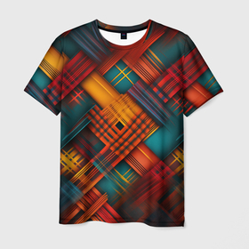 Мужская футболка 3D с принтом Разноцветная клетка в шотландском стиле в Екатеринбурге, 100% полиэфир | прямой крой, круглый вырез горловины, длина до линии бедер | Тематика изображения на принте: 