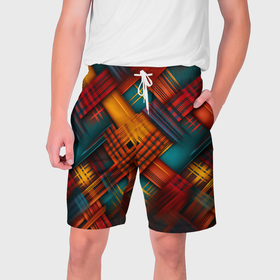 Мужские шорты 3D с принтом Разноцветная клетка в шотландском стиле в Екатеринбурге,  полиэстер 100% | прямой крой, два кармана без застежек по бокам. Мягкая трикотажная резинка на поясе, внутри которой широкие завязки. Длина чуть выше колен | 