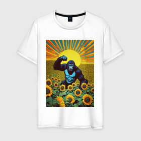 Мужская футболка хлопок с принтом Горилла ныряет в подсолнух в Екатеринбурге, 100% хлопок | прямой крой, круглый вырез горловины, длина до линии бедер, слегка спущенное плечо. | 