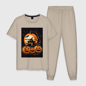 Мужская пижама хлопок с принтом Halloween тыква   джек фонарь в Белгороде, 100% хлопок | брюки и футболка прямого кроя, без карманов, на брюках мягкая резинка на поясе и по низу штанин
 | 