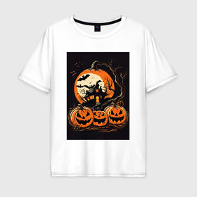 Мужская футболка хлопок Oversize с принтом Halloween тыква   джек фонарь в Белгороде, 100% хлопок | свободный крой, круглый ворот, “спинка” длиннее передней части | 