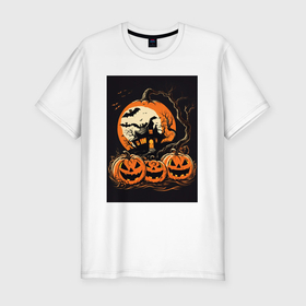 Мужская футболка хлопок Slim с принтом Halloween тыква   джек фонарь в Белгороде, 92% хлопок, 8% лайкра | приталенный силуэт, круглый вырез ворота, длина до линии бедра, короткий рукав | 