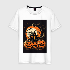 Мужская футболка хлопок с принтом Halloween тыква   джек фонарь в Белгороде, 100% хлопок | прямой крой, круглый вырез горловины, длина до линии бедер, слегка спущенное плечо. | 