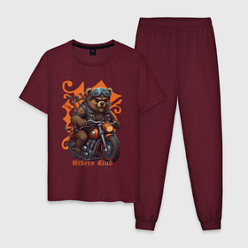 Мужская пижама хлопок с принтом Медведь байкер на мотоцикле , 100% хлопок | брюки и футболка прямого кроя, без карманов, на брюках мягкая резинка на поясе и по низу штанин
 | Тематика изображения на принте: 