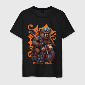 Мужская футболка хлопок с принтом Медведь байкер на мотоцикле , 100% хлопок | прямой крой, круглый вырез горловины, длина до линии бедер, слегка спущенное плечо. | Тематика изображения на принте: 
