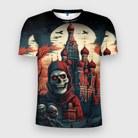 Мужская футболка 3D Slim с принтом Москва на хэллоуин в Кировске, 100% полиэстер с улучшенными характеристиками | приталенный силуэт, круглая горловина, широкие плечи, сужается к линии бедра | 