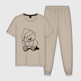 Мужская пижама хлопок с принтом Мишка игрушечный в колпаке деда Мороза   раскраска в Санкт-Петербурге, 100% хлопок | брюки и футболка прямого кроя, без карманов, на брюках мягкая резинка на поясе и по низу штанин
 | 