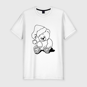 Мужская футболка хлопок Slim с принтом Мишка игрушечный в колпаке деда Мороза   раскраска в Санкт-Петербурге, 92% хлопок, 8% лайкра | приталенный силуэт, круглый вырез ворота, длина до линии бедра, короткий рукав | 
