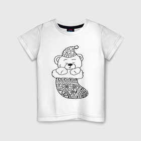 Детская футболка хлопок с принтом Игрушечный мишка спит в сапожке для подарков   раскраска в Белгороде, 100% хлопок | круглый вырез горловины, полуприлегающий силуэт, длина до линии бедер | 