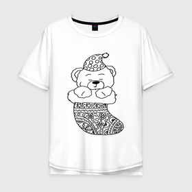 Мужская футболка хлопок Oversize с принтом Игрушечный мишка спит в сапожке для подарков   раскраска в Петрозаводске, 100% хлопок | свободный крой, круглый ворот, “спинка” длиннее передней части | 