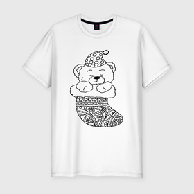 Мужская футболка хлопок Slim с принтом Игрушечный мишка спит в сапожке для подарков   раскраска в Санкт-Петербурге, 92% хлопок, 8% лайкра | приталенный силуэт, круглый вырез ворота, длина до линии бедра, короткий рукав | 