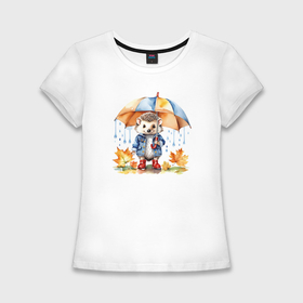 Женская футболка хлопок Slim с принтом Осенний ежик с зонтиком ,  |  | 