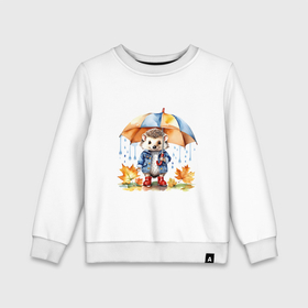 Детский свитшот хлопок с принтом Осенний ежик с зонтиком в Белгороде, 100% хлопок | круглый вырез горловины, эластичные манжеты, пояс и воротник | Тематика изображения на принте: 