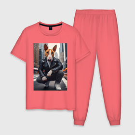 Мужская пижама хлопок с принтом Булли на улице Нью Йорка   нейросеть , 100% хлопок | брюки и футболка прямого кроя, без карманов, на брюках мягкая резинка на поясе и по низу штанин
 | 
