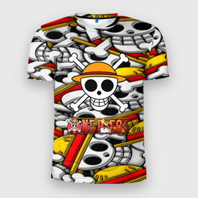 Мужская футболка 3D Slim с принтом One Piece logo pattern pirat в Курске, 100% полиэстер с улучшенными характеристиками | приталенный силуэт, круглая горловина, широкие плечи, сужается к линии бедра | 