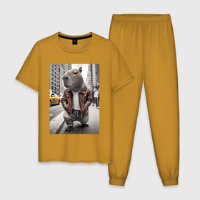 Мужская пижама хлопок с принтом Trendy capybara on the streets of New York в Тюмени, 100% хлопок | брюки и футболка прямого кроя, без карманов, на брюках мягкая резинка на поясе и по низу штанин
 | 