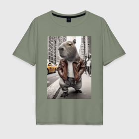 Мужская футболка хлопок Oversize с принтом Trendy capybara on the streets of New York , 100% хлопок | свободный крой, круглый ворот, “спинка” длиннее передней части | 