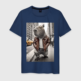 Мужская футболка хлопок с принтом Trendy capybara on the streets of New York в Белгороде, 100% хлопок | прямой крой, круглый вырез горловины, длина до линии бедер, слегка спущенное плечо. | 