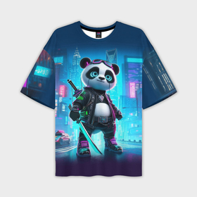 Мужская футболка oversize 3D с принтом Панда кибер самурай в ночном Нью Йорке в городе Новоалтайск,  |  | 
