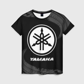 Женская футболка 3D с принтом Yamaha speed на темном фоне со следами шин в Курске, 100% полиэфир ( синтетическое хлопкоподобное полотно) | прямой крой, круглый вырез горловины, длина до линии бедер | 