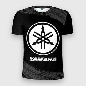 Мужская футболка 3D Slim с принтом Yamaha speed на темном фоне со следами шин в Новосибирске, 100% полиэстер с улучшенными характеристиками | приталенный силуэт, круглая горловина, широкие плечи, сужается к линии бедра | 