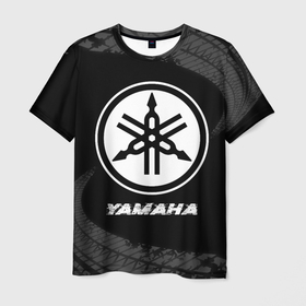 Мужская футболка 3D с принтом Yamaha speed на темном фоне со следами шин в Кировске, 100% полиэфир | прямой крой, круглый вырез горловины, длина до линии бедер | Тематика изображения на принте: 