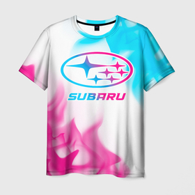 Мужская футболка 3D с принтом Subaru neon gradient style в Петрозаводске, 100% полиэфир | прямой крой, круглый вырез горловины, длина до линии бедер | Тематика изображения на принте: 
