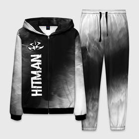 Мужской костюм 3D с принтом Hitman glitch на темном фоне по вертикали в Тюмени, 100% полиэстер | Манжеты и пояс оформлены тканевой резинкой, двухслойный капюшон со шнурком для регулировки, карманы спереди | 