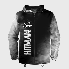 Мужская ветровка 3D с принтом Hitman glitch на темном фоне по вертикали в Тюмени, 100% полиэстер | подол и капюшон оформлены резинкой с фиксаторами, два кармана без застежек по бокам, один потайной карман на груди | 