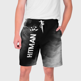 Мужские шорты 3D с принтом Hitman glitch на темном фоне по вертикали в Тюмени,  полиэстер 100% | прямой крой, два кармана без застежек по бокам. Мягкая трикотажная резинка на поясе, внутри которой широкие завязки. Длина чуть выше колен | 